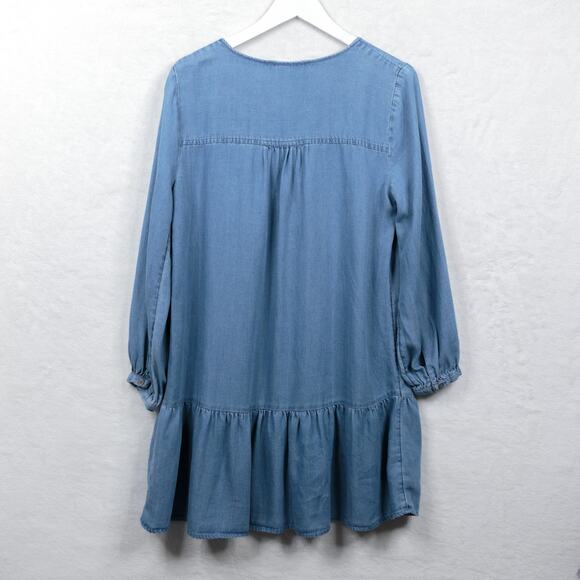 LOFT Chambray Ruffle Flounce Dress Dropped Waist Soft Lyocell Linen Blue Sz M - Picture 6 of 9